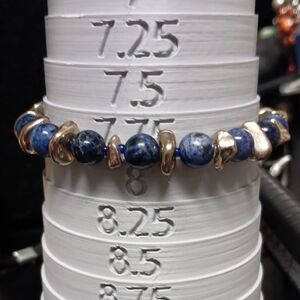 Blue Lapis Lazuli Stone and Gold-Bead Stretch Bracelet